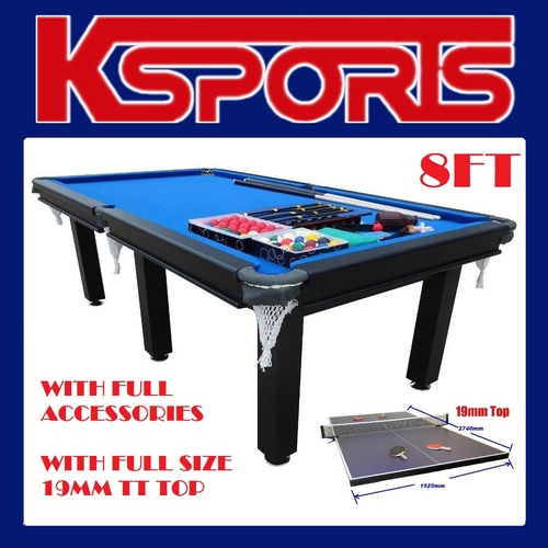 POOL TABLE 8FT SNOOKER BILLIARD TABLE  25mm TABLE TOP - WITH FULL SIZE TABLE TENNIS TOP