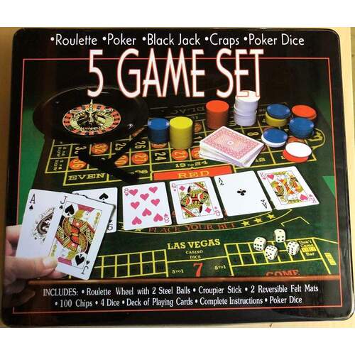 NEW! 5 in 1 Casino Games Set Roulette,Poker, Black Jack, Craps, has Chips,Mats, Dices, Cards